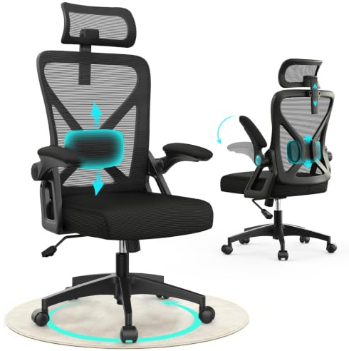 Bürostuhl, ergonomischer Schreibtischstuhl mit gepolsterter Lendenwirbelstütze und hochklappbaren Armlehnen – Computerstuhl mit hoher Rückenlehne, verstellbarer Kopfstütze und bequemem Sitzkissen zum