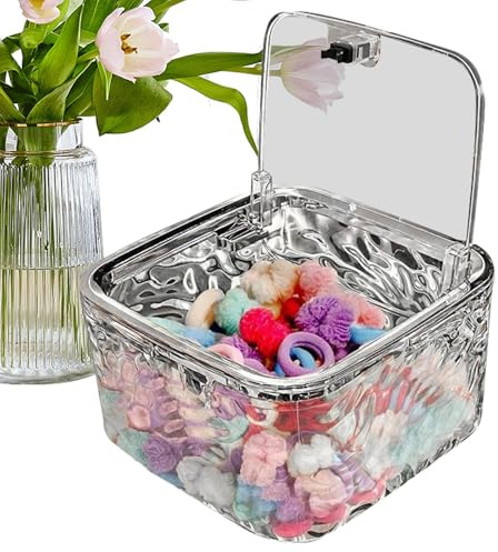 Generico Contenitore Per Capelli – 15x15x8 Cm Organizer Trasparente | In PET Con Coperchio Porta Fermagli Elastici Mollette Cerchietti Custodia Elegante Per Casa, Bagno E Toeletta