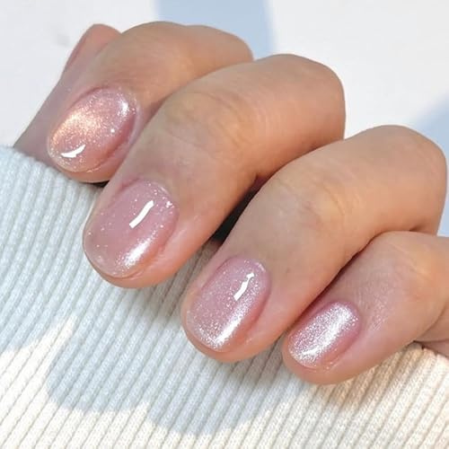 Pink Aurora Press on Nails Short Oval Handmade Gel pink Fake Nails Sparkling Glue on Nails Stick on False Nail with Shiny Glitter Oval False Nails Artificial for Women Manicure Decorations 24Pcs