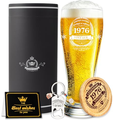 Geschenke zum 50 Geburtstag Mann,1976 Bierglas mit Gravur, Geburtstagsgeschenk Mann 50.Geburtstag,Geburtstagsgeschenk für Männer, Bier Geschenke für Männer, Flaschenöffner, Untersetzer & Karte