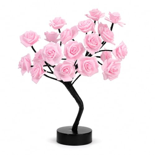 Drawelry DIY Rosenbaum Nachtlicht Dekoration LED Beleuchtung Lichterkette Künstliche Rose Blumen Baum Tischlampe Ornamente, Valentinstag Muttertag Geburtstag Geschenk für Familie Freunde Paar (Pink)