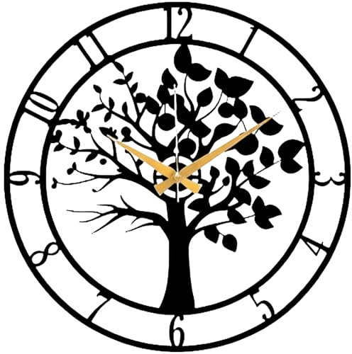 Orologio da parete con albero della vita, 25,5 cm, decorazione da parete in metallo, orologio rotondo in ferro con design cavo, robusta decorazione da appendere per soggiorno, regalo di inaugurazione