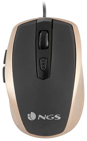 NGS Tick Gold - Ratón Óptico 800/1600dpi con Cable USB, Ratón para Ordenador o Portátil con 6 Botones, Ergonomia para Diestros, Dorado y Negro