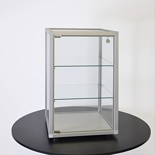 MHN Schmuckvitrine 41,5x41,5x63,5 cm – LED-beleuchtete Aufsatz-Vitrine, abschließbar, mit Schloss – Sicherheitsglas, Alurahmen – Ideal für Uhren, Schmuck, Modelle, Ausstellungen