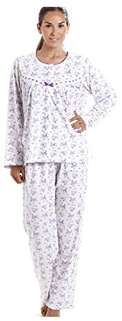 Camille Womens Classic Cotton Jersey Lilac Floral Print Pyjama Set, Purple, 16-18