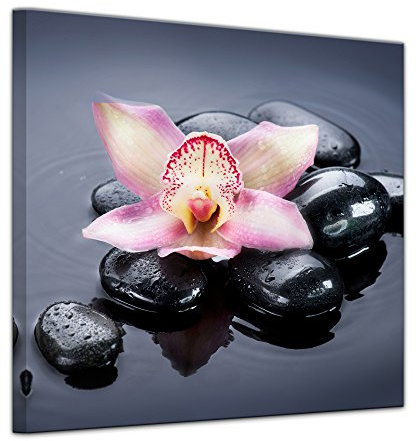 Bilderdepot24 Wandbild Zen Steine XXII - 40x40 cm quadratisch Bilder als Leinwanddruck Fotoleinwand Geist & Seele - Wasser - Blüte mit Kieselsteinen