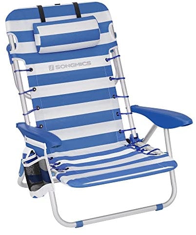 SONGMICS Strandstuhl, Campingstuhl, faltbar, mit Schultergurt, verstellbare Rückenlehne, Kopfstütze, Armlehne, 2 Seitentaschen, Blau und Weiß GCB62BU