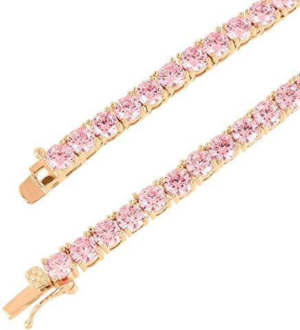 Bling Bling NY Collana girocollo unisex con finitura in oro rosa a 1 fila di 3 rebbi e 4 griffe, diamanti creati in laboratorio, 4 mm, solitari rosa, collana 40,6-61 cm, bracciale 16,5-21,6 cm