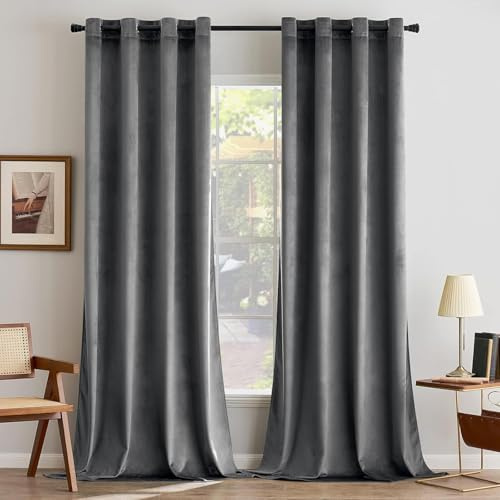 MIULEE Samtvorhang mit Ösen, Vorhänge Blickdicht 140x145 cm Grau, 2er Set | Weicher Gardinen Blickdichter Samtvorhang mit Ösen, Thermoverdunkelnd, Moderner Luxus für Wohnzimmer & Schlafzimmer