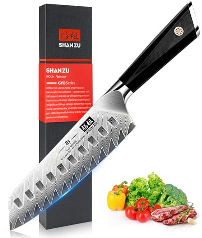 SHAN ZU Damastmesser, Santokumesser Küchenmesser 18cm Kochmesser Damaskus 10Cr15Mov Edelstahl Scharfe Messerklinge Ergonomischer G10 Griff Exquisiter Geschenkverpackun