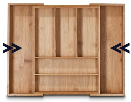 KHG Besteckkasten Schubladeneinsatz aus stabilem Bambus für Schubladen | für Schubladen in den Maßen 31,54x40x7 cm mit 5,6 oder 7 Fächer ordentlich & stabil, variabel ausziehbar bis 54 cm