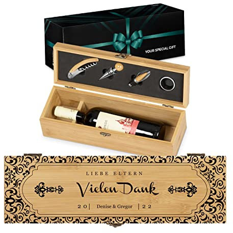Maverton Weinbox für 0,7L Weinflasche - Wein Holzbox personalisiert + 4er Weinzubehör - Weinset Weinkiste - aus Bambus - Braun - Geschenk zum Hochzeitstag Paare - Vielen Dank