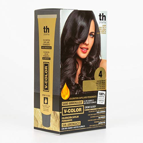 Thader Th Pharma V-Color Kit de Tinte permanente Sin Amoniaco con Oro Líquido 100% Cobertura de canas, 120 ml (No. 4 Castaño medio)