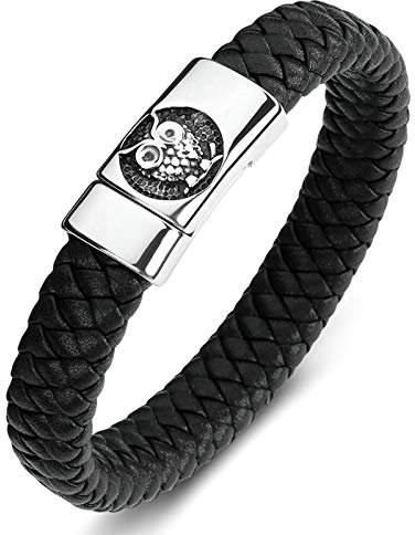 Beydodo Lederarmband Echtleder Schwarz 20CM, Lederarmband mit Magnetverschluss Eule Freundschaftsarmband Armbänder Gothic Männer