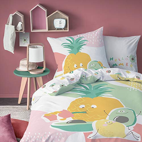 MATT & ROSE Tutti Frutti Bettwäsche-Set, Bettbezug 140 x 200 cm, Kissenbezug 63 x 63 cm, 100% Baumwolle, kleines Einzelbett