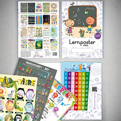 Sunnywall® 20 Lernposter A3 im Set + Bonus Ausmal - Lernhilfen für Kinder Vorschule Grundschule Schule Lesen Schreiben ABC Rechnen DIN A3 Schautafel (20 A3 Poster + 20 x Lernhilfen)