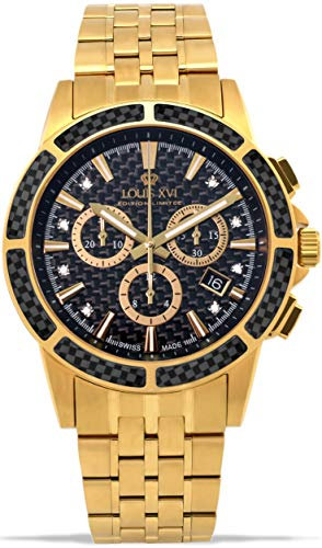 LOUIS XVI Herren-Armbanduhr Majesté Stahlband Gold Schwarz Karbon echte Diamanten Chronograph Analog Quarz Edelstahl 1103