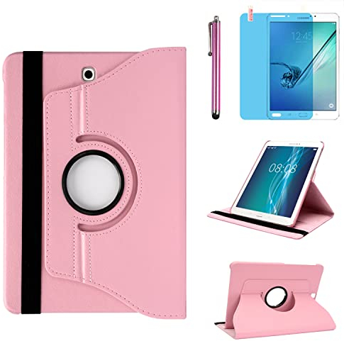 Étui Housse Coque pour Samsung Galaxy Tab S2 8.0 Pouces 2015 (SM-T710 SM-T713 SM-T715 T719) - 360 degrés Rotation Full Protection Kickstand Case Cover,avec Un Stylo,Écran Film (Pink)