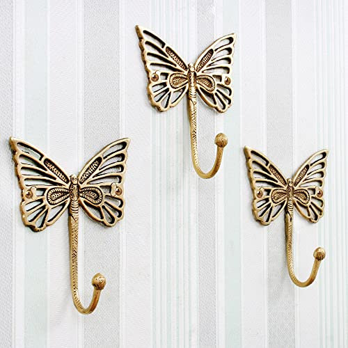 Indian Shelf Ganci decorativi da parete in ottone a forma di farfalla, per bambini, resistenti, per appendere cappotti, chiavi, zaini, borse, cappelli, gioielli e altro, confezione da 3