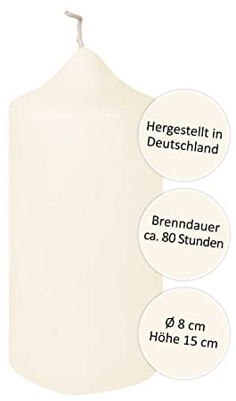 FINK Kerzen creme für Tischdekoration Hochzeit Geburtstag - rußarm - lange Brenndauer ca 80 Stunden - Weihnachtsdeko H 15 D 8 cm