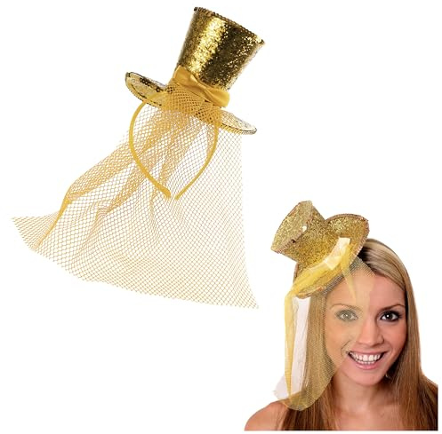 Damen Glitzer Zylinder - 1 Stück - Mini Gold Pailletten Zylinder mit passendem Fascinator Schleier - Damen Halloween Weihnachten Kostüm Zubehör