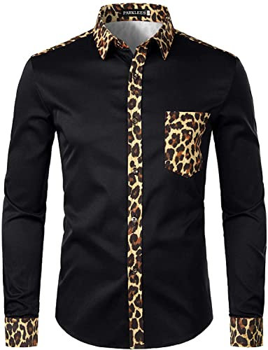 PARKLEES Men's Hipster Leopard Design Slim Fit Long Sleeve Button Up Dress Shirts Black M