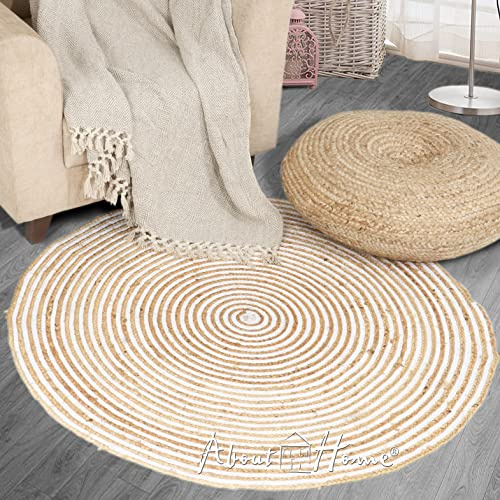 Jute-Teppich im Boho-Stil, Baumwolle, rund, 120 cm, Hellbraun - Weiß