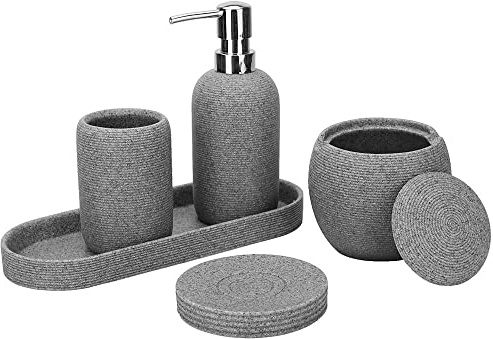 Grey Resin Bathroom Accessory Set, 5 Pcs Bathroom Accessories Set with Lotion Dispenser,Soap Dish,Toothbrush Holder,Vanity Tray,Qtip Holder Dispenser, Modern Bathroom Decor and Housewarming Gift Set