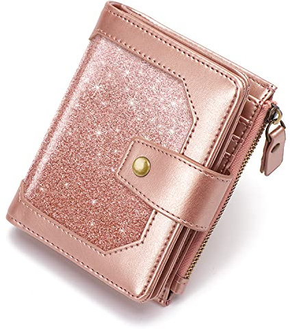 Simikol Kleine Damen-Geldbörse, zweifach gefaltet, RFID-blockierend, Kreditkartenhalter, Geldbörse mit Reißverschlusstasche, Glitzer Roségold, Vintage