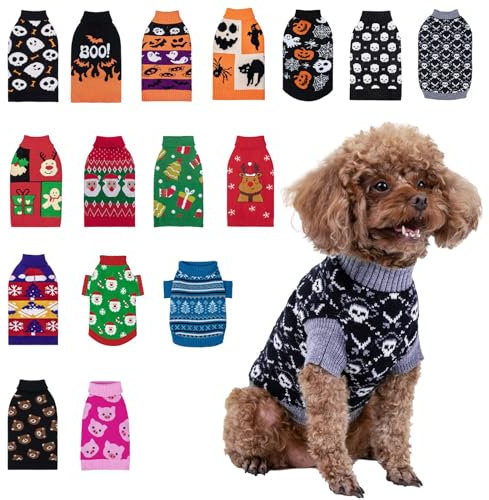 Cutebone Halloween-Hundepullover, Piratenschädel Gestrickt Welpenkleidung für kleine Hunde, Gemütliche Sweatshirts, Hundemäntel mit Loch für die Leine DS39M-DE