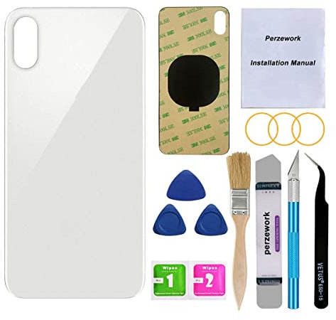 Perzework OEM Ersatz-Rückglas für iPhone Xs Max 16,5 cm (6,5 Zoll), mit Reparatur-Toolkit und vorinstalliertem Kleber (Silber)