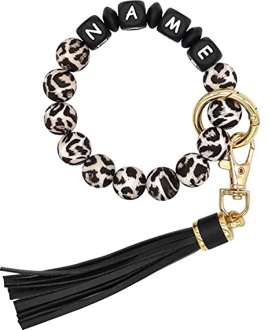 Starsprairie Portachiavi con braccialetto personalizzato Portachiavi con perline in silicone elastico Braccialetto con nappa Portachiavi per auto portatile da casa (Leopard+Black)
