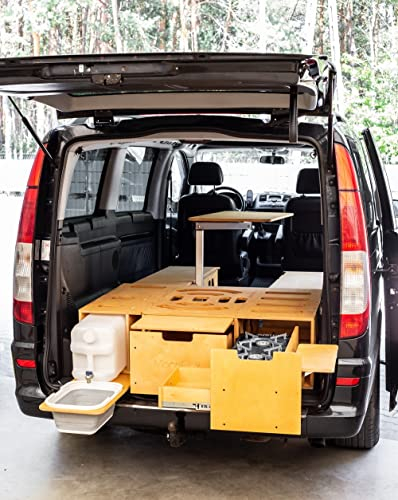 Moonbox Campingbox Modify Van/Bus 124cm Natur | mit Campingküche, Sitzplätze, Tisch, Bettfunktion/Schlafsystem | für Fahrzeuge mit Mind. 124cm Breite im Kofferraum