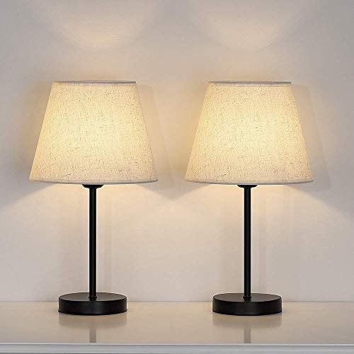 YBING Schlafzimmer Tischlampen, Kleine Nachttischlampen Set von 2, Schwarze Metall Nachttischlampen mit Leinenschatten für Schminktisch Wohnzimmer