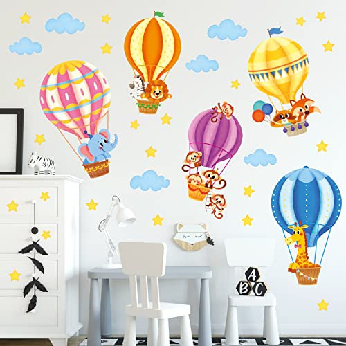 DECOWALL SG-2214 Tier Heißluftballon Wandaufkleber Kinder Wandtattoo Kinderzimmer Safari Dschungel Mädchen Jungen Zimmer Schlafzimmer Himmel Wolken Stern bunt Löwe Giraffe Affe