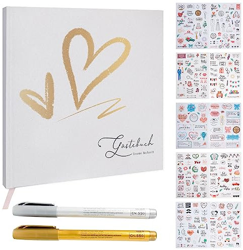 Gästebuch Hochzeit Mit Sticker + Metallic Stifte, Hochwertiges Hochzeitsbuch Freundebuch Scrapbook Gästebuch Geburtstag Hochzeitsdeko (Heart)