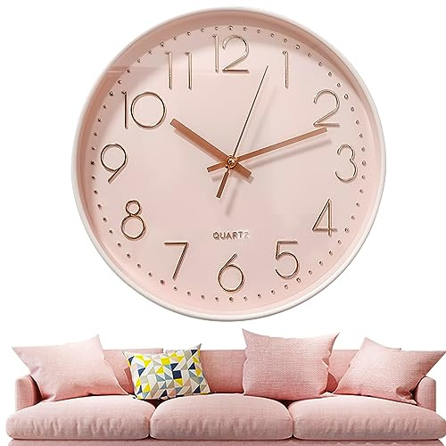 Chedin Horloge murale ronde de 30 cm sans bruit de tic-tac, moderne, à quartz, sans bruit de tic-tac, horloge murale pour enfants, grande horloge murale, mouvement d'horloge murale silencieux (rose/or