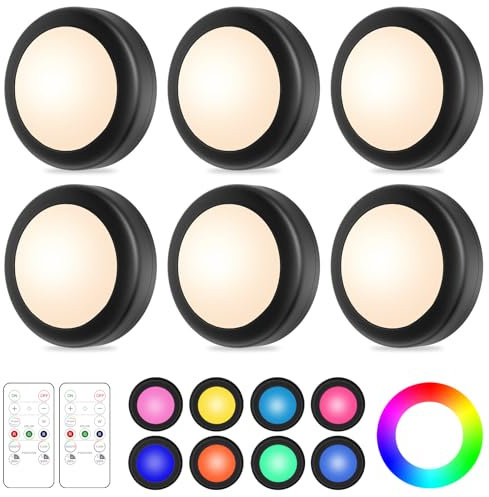 WUYOR LED Schrankbeleuchtung Unterbauleuchte Kabellos, RGB Spots Batterie Dimmbare mit Fernbedienung 16 Farben, Timer, LED vitrinenbeleuchtung mit Batterie, 6 Stück, Schwarz