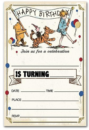 brayqu Winnie Puuh Geburtstagseinladungen Winnie the Pooh Bär Thema Happy Birthday Party Einladungen (20 Karten mit Umschlägen)