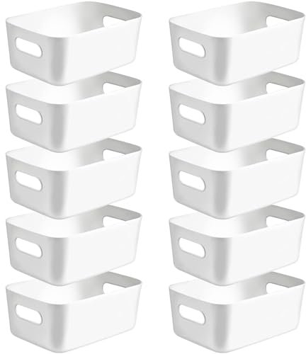 VICDUEKG 10 Stück Aufbewahrungsbox Kunststoff Aufbewahrungskorb Küchenschrank Organizer mit Griffen Korb Aufbewahrung Box Körbe Kunststoffbox für Badezimmer Küche Speisekammer (Weiß, Mittel)