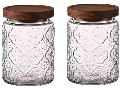 Bigingjia Glass Jars with Wood Lids 700ml-2Pcs,Glass Food Storage Jars with Lids Airtight for Snacks Cereal Rice Sugar Tea Coffee,Glass Container for Home & Kitchen.