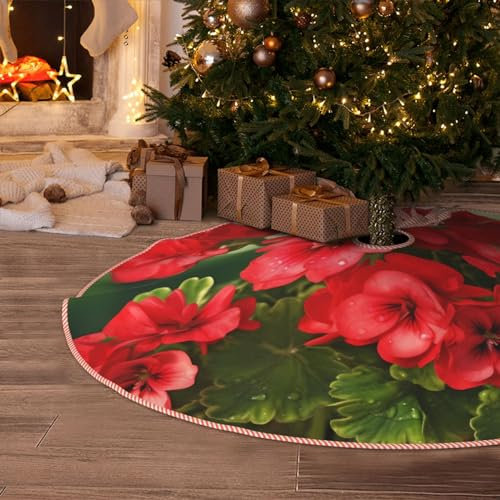 121,9 cm Weihnachtsbaumrock mit Klettverschluss, rote Geranien, Weihnachtsbaumdekoration, Matte, rustikaler Klettverschluss, Weihnachtsbaumdecke, wasserdicht, für Urlaub, Bauernhaus-Dekorationen
