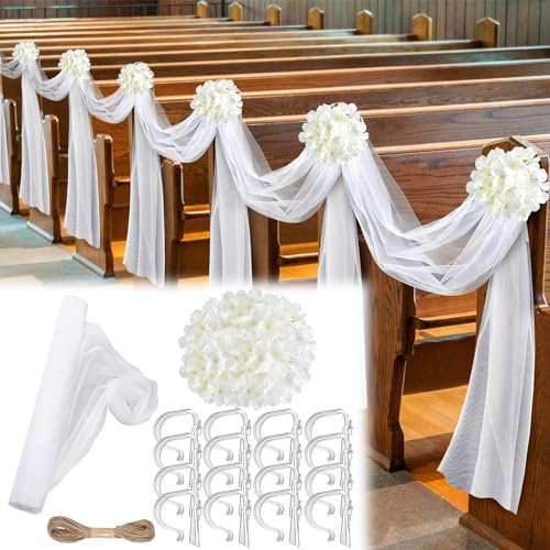 Riceshoot Kirchenbänke, Hochzeitsdekorationen, weißer Stoff, Tüll, Seide, Blumenbänke, Clips, Hochzeit, Gangdekoration für Party, Kirche, Zeremonie, Bankett, Empfang (weiß), 34 Stück