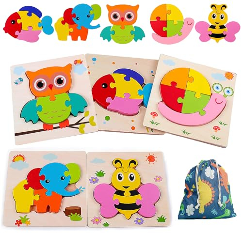 ENIKMOSD Holzpuzzle für Kinder ab 2 3 4 5 Jahre, 3D Kinder Tier Holzpuzzle Steckpuzzle Holz Montessori Spielzeug mit Aufbewahrungstasche, Pädagogisches Lernspielzeug Geschenk für Jungen Mädchen
