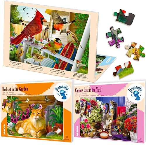 QUOKKA Dementia Puzzles for Elderly 13 Piece - 3 Alzheimers Jigsaw Puzzle Games for Adults with Birds & Cats - Large Piece Activities Products for Seniors - Cognitive Gifts Toys for Men and Women