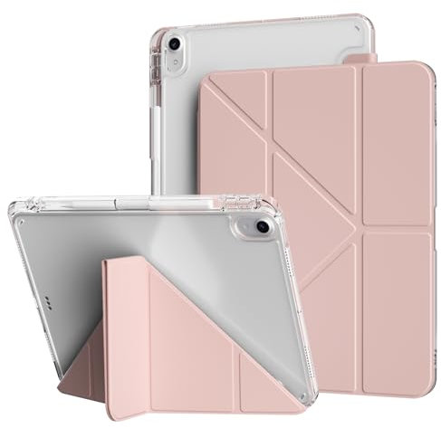 ZKTUYU Hybrid Hülle für iPad Air 11 Zoll M3/M2 (2025/2024), iPad Air 5./4. Generation 10,9-Zoll (2022/2020) mit Stifthalter, Faltbare Y-förmige Standabdeckung, Klarer transparenter Rückschale, Rosa