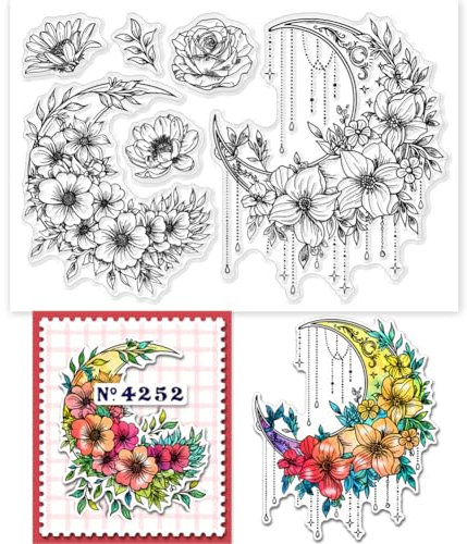 GLOBLELAND Mond Und Blumenklarstempel Für Die Herstellung von Karten Magischer Mond Klarstempel Siegel Transparente Stempel Für DIY Scrapbooking Fotoalbum Journal Heimdekoration