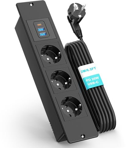 Prise Encastrable, Multiprise Electrique 3 Prises et USB C, Multiprise Encastrable pour Plan de Travail, Cuisine, Bureau, 3500W/16A, Multiprise Encastrée avec 1.8M Câble, Noir