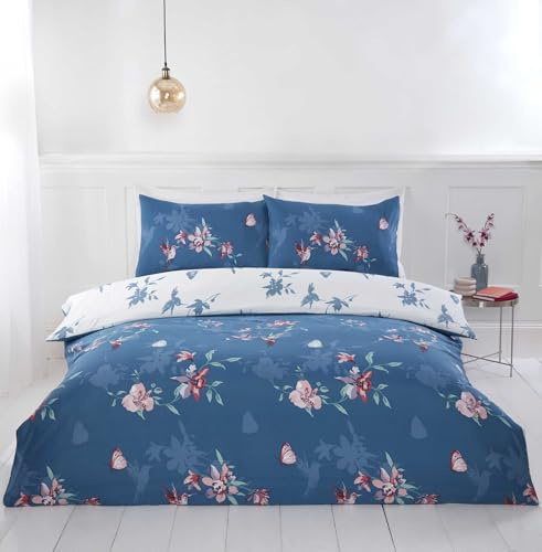 Rapport home Blaues Mikrofaser-Bettwäsche-Set für Einzelbett, Kolibri-Blumenmuster, wendbar, Fadenzahl 180, weich, bügelfrei, Bettwäsche-Set mit Vögeln, Blumen und Schmetterlingen