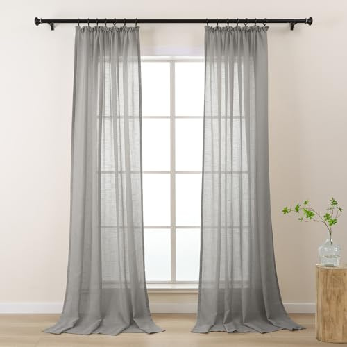 L.Z.E Vorhänge Grau mit Kräuselband, Vorhang für Schienensystem, 2er Set Transparent Leinenoptik Gardinen für Wohnzimmer & Schlafzimmer, Schienen Gardine 130 x 245 cm Lang, Extra Weich